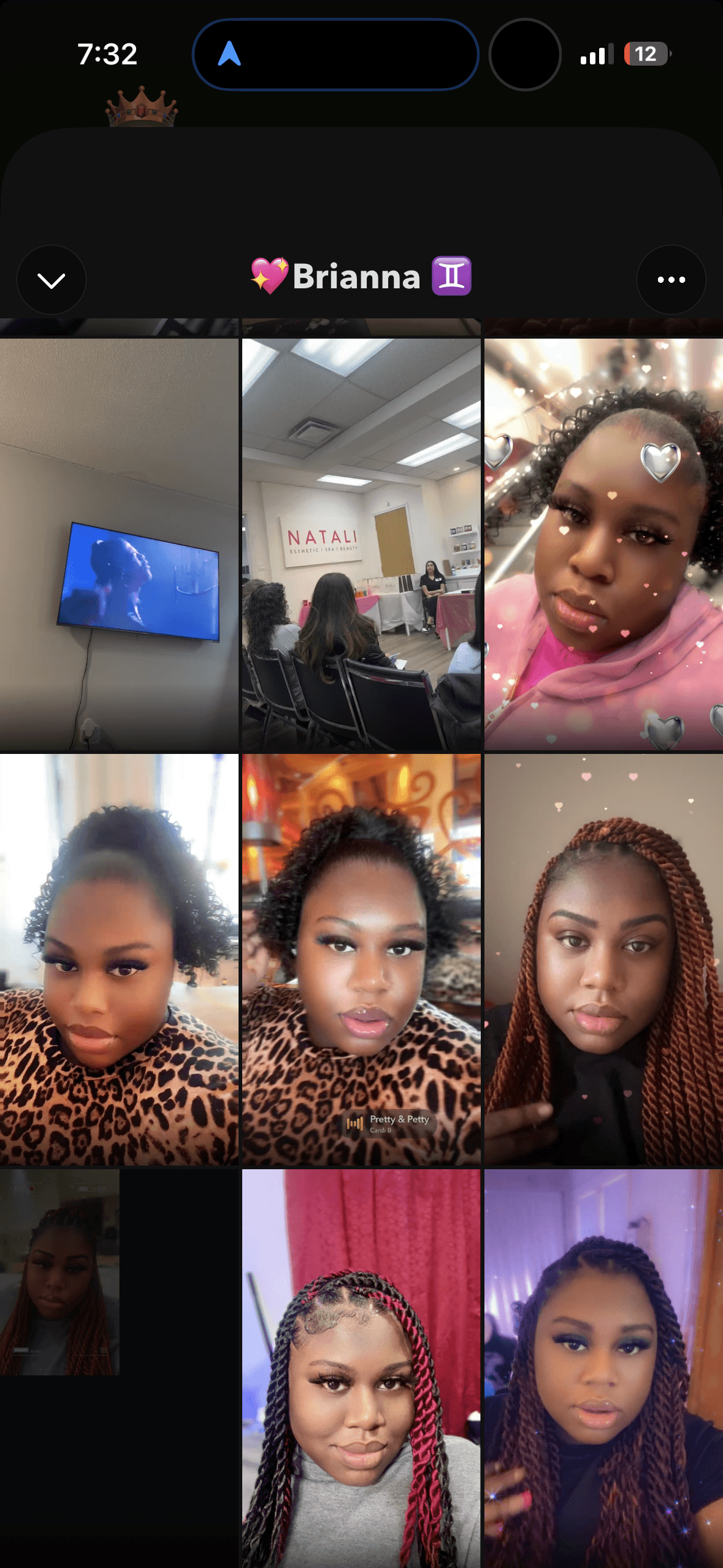 Social media profile grid displaying several selfies of a woman with various braided hairstyles.