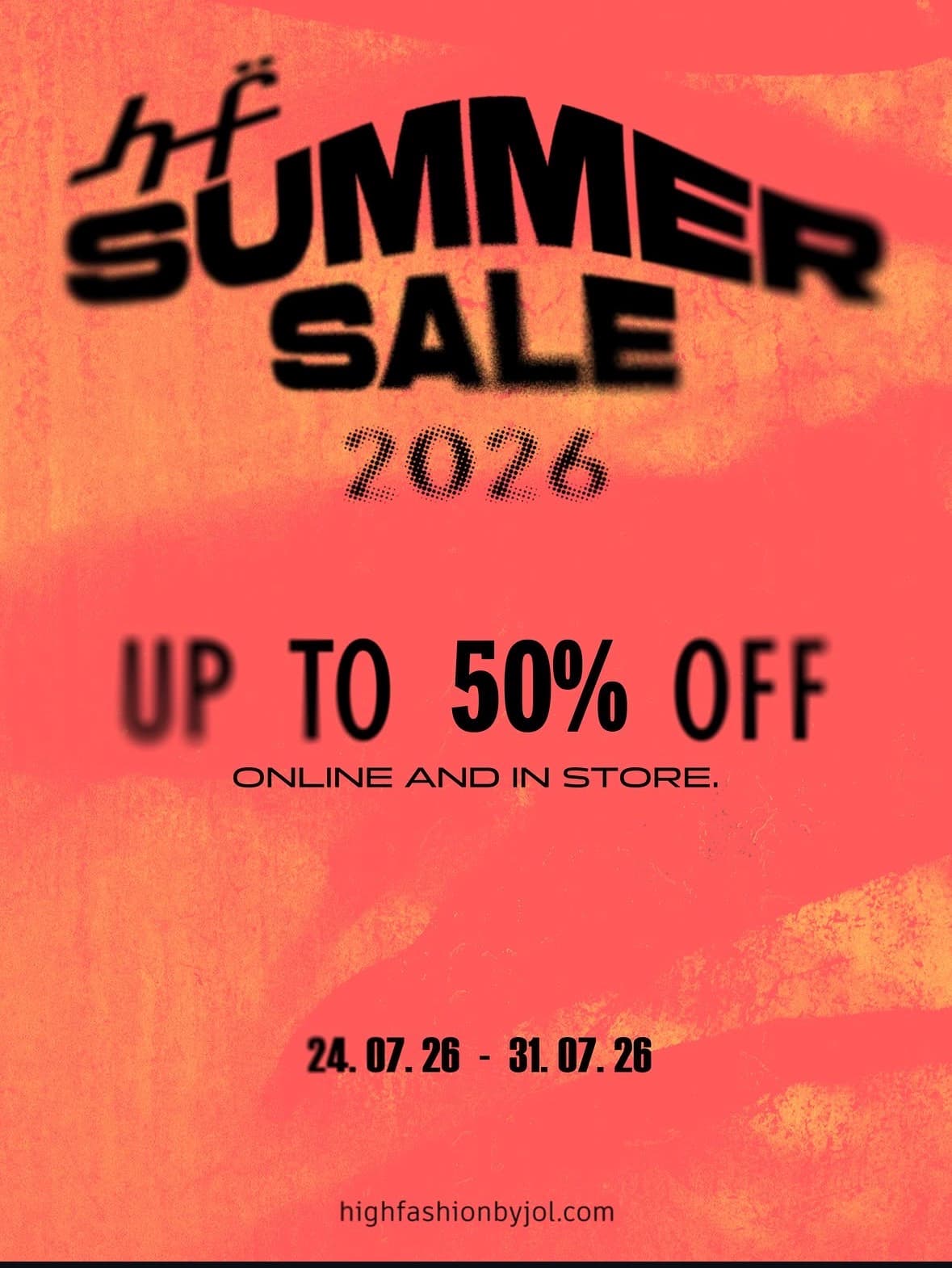 Vibrant orange 2026 summer sale poster offering up to 50% off online and in-store.